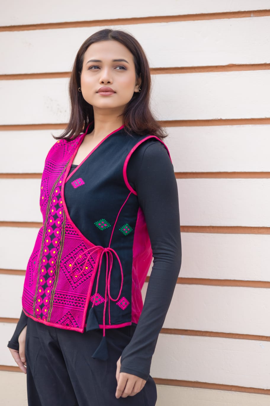 Black and Pink Angrakha style Half Jacket.